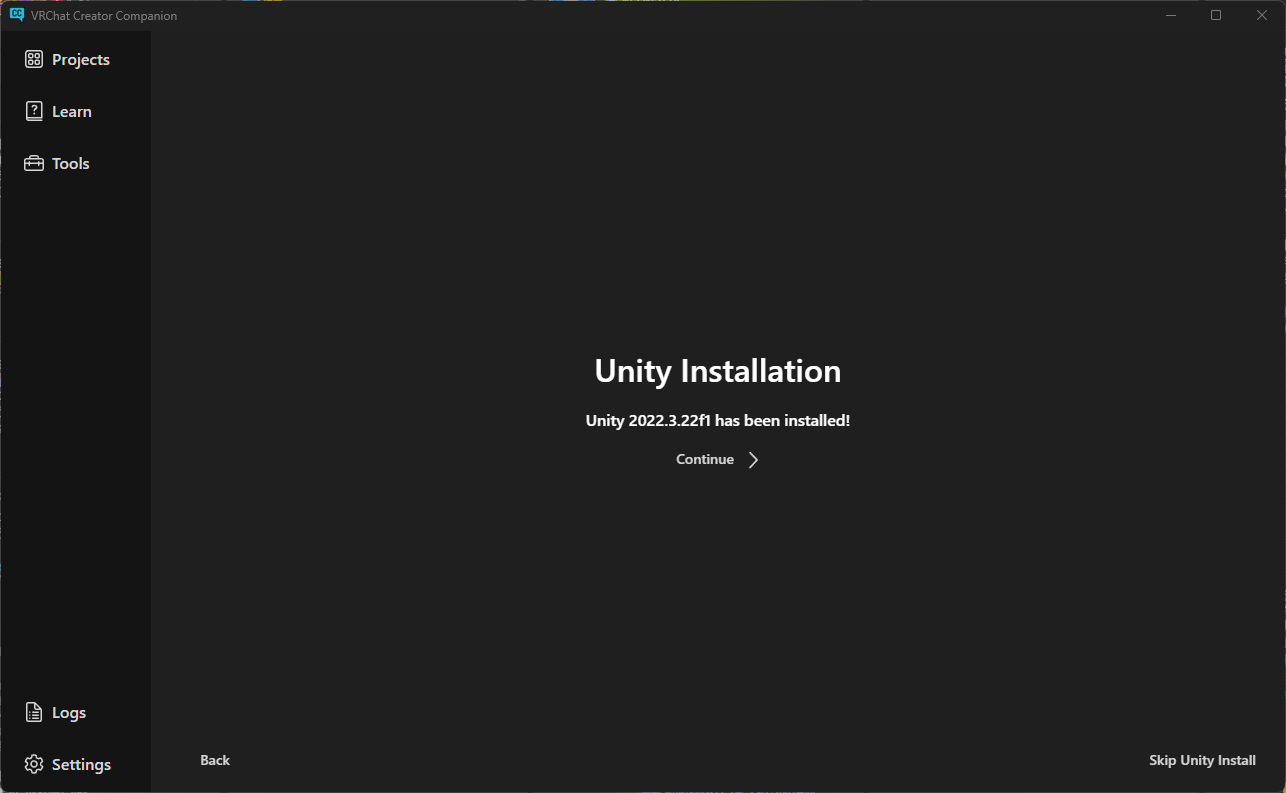 Unityインストール完了後のContinue画面