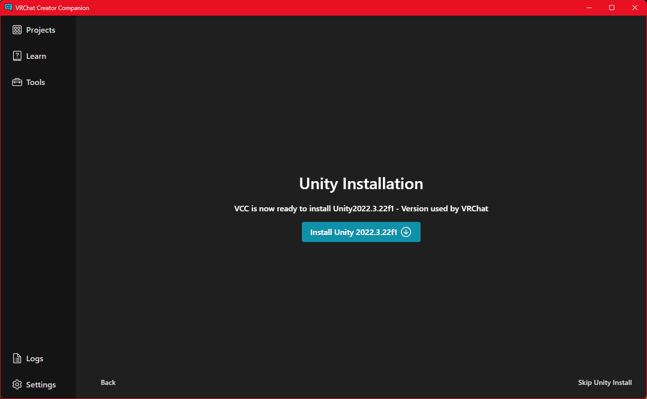 Unityバージョン選択とインストール画面